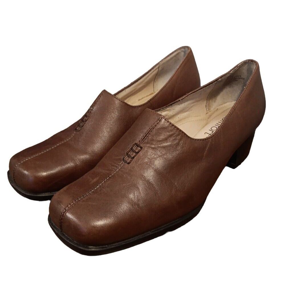 Strictly Comfort Women's 8W Brown Leather Slip-On Shoe Square Toe Block Heel